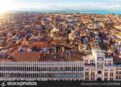 Panorama of Venice from the Tower Bell, aerial view on the roofs, Italy.