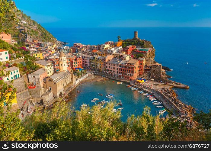 Panorama of Vernazza, Cinque Terre, Liguria, Italy. Aerial panoramic view of Vernazza fishing village in the evening, Five lands, Cinque Terre National Park, Liguria, Italy.