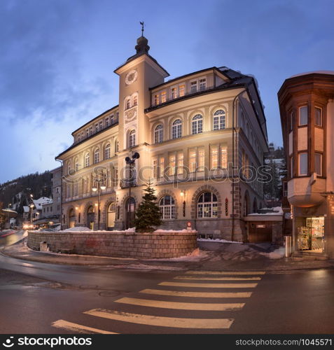 Panorama of Via Quadrellas and St Moritz Library in the Evening, St Moritz, Switzerland