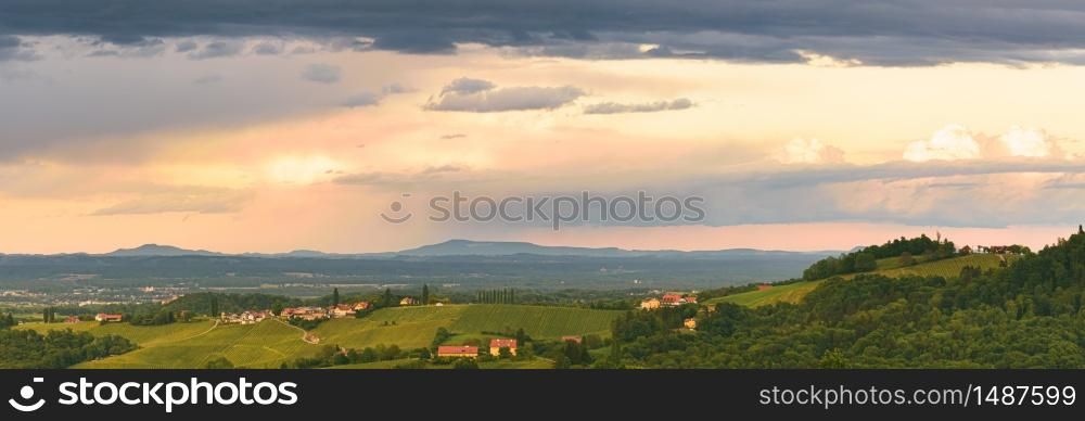 Panorama of vineyards hills in south Styria, Austria. Tuscany like place to visit. Landscape during summer sunset.. Panorama of vineyards hills in south Styria, Austria. Tuscany like place to visit.