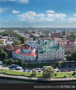 panorama of Vyborg and boardwalk from the lookout tower in the Vyborg castle. panorama of Vyborg from the lookout tower in the Vyborg castle. Tilt shift effect.