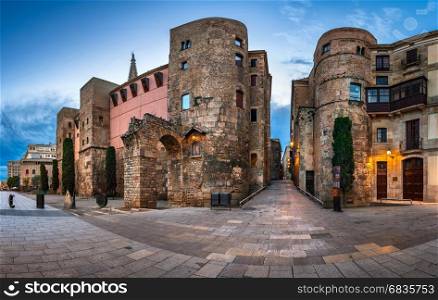 Panorama of Wall and Gate of Roman City Barcino and Placa Nova in the Morning, Barcelona, Catalonia