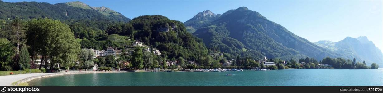 Panorama of Wessen resort on the lake in Switzerland