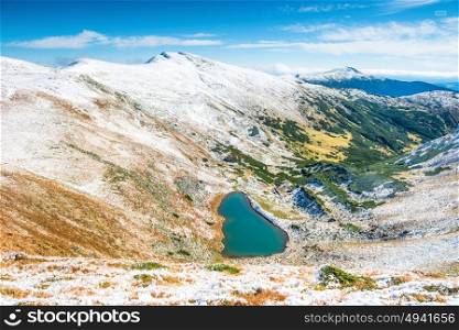 Panorama of white mountains with blue lake