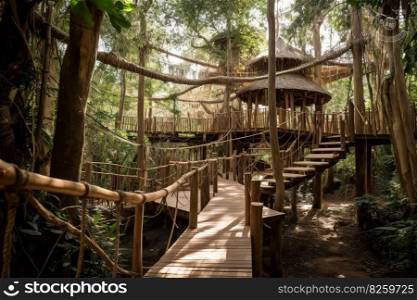 Panorama of wooden walking brid≥s crisscrossing between treehouses of different≤vels, con≠cted by winding staircases. Where guests listening to the sounds of the surrounding forest. Ge≠rative AI