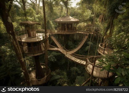 Panorama of wooden walking bridges crisscrossing between treehouses of different levels, connected by winding staircases. Where guests listening to the sounds of the surrounding forest. Generative AI