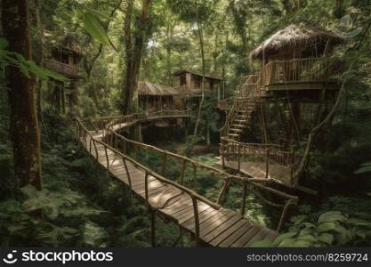 Panorama of wooden walking bridges crisscrossing between treehouses of different levels, connected by winding staircases. Where guests listening to the sounds of the surrounding forest. Generative AI