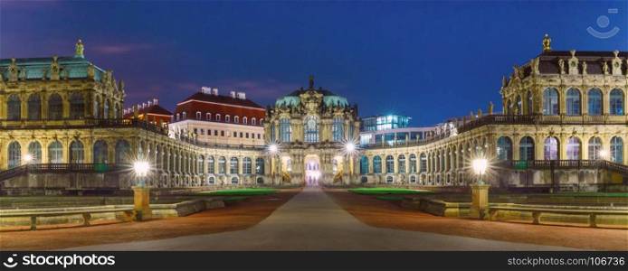 Panorama of Zwinger at night in Dresden, Germany. Panorama of Palace in Rococo style and museum Zwinger at night in Dresden, Saxony, eastern Germany
