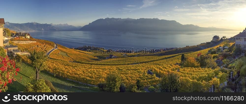 Panorama on Lavaux region by autumn day, Vaud, Switzerland. Panorama on Lavaux region, Vaud, Switzerland