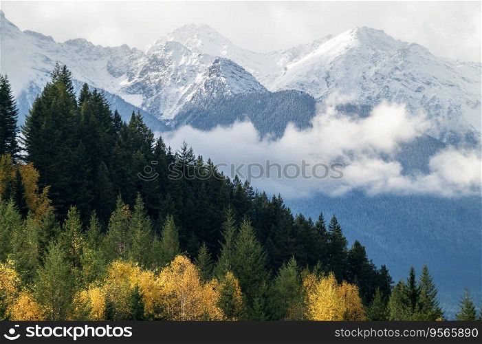 Panorama photo with mountain peaks and low hanging clouds with fall colors in Canadian Rockies