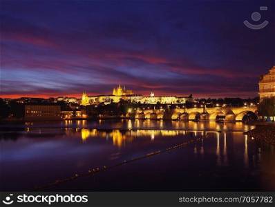 Panorama Prague castle and the Charles bridge at dusk,Czech Republic.