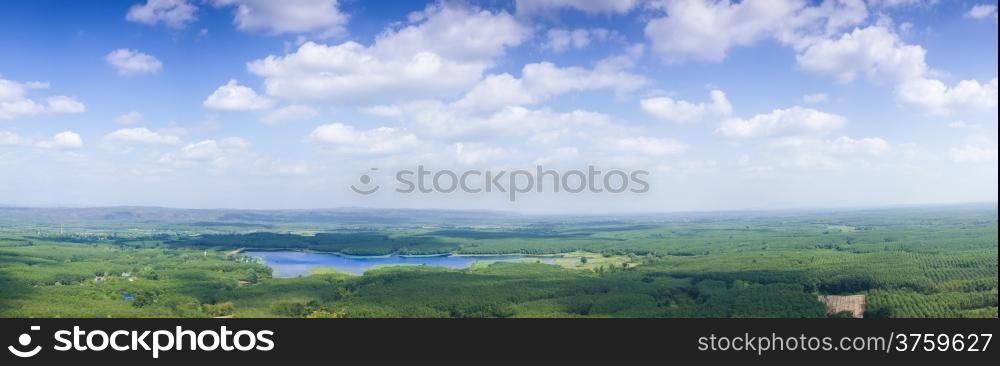 panorama sky cloud and forest.Forest and agricultural areas and the broader housing. Visible in wide angle