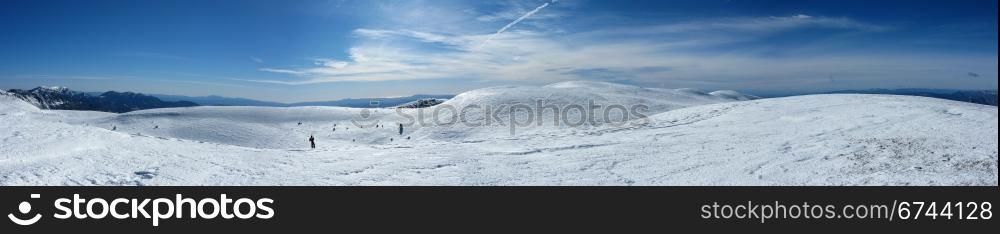 panorama snow mountain Pyrenees. panorama snowy mountains in the pyrenees, Spain. Vall de la Vansa, sierra del Cadi
