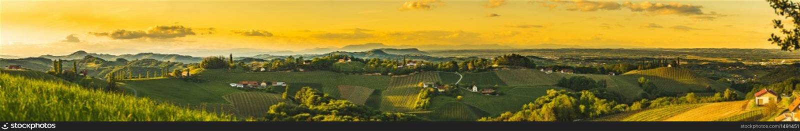 Panorama sunset over South Styria vineyard landscape in Steiermark, Austria. Beautiful tranquil destination to visit for famous white wine. Tra. Panorama sunset over South Styria vineyard landscape in Steiermark, Austria.