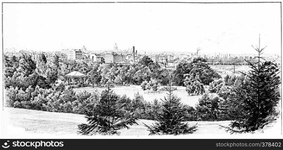 Panorama taken the Parc Montsouris, vintage engraved illustration. Paris - Auguste VITU ? 1890.