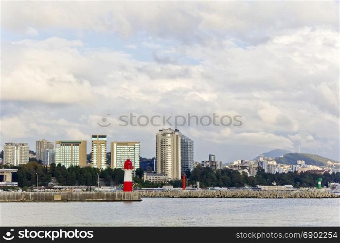 Panorama to embankment Russian resort town Sochi from sea