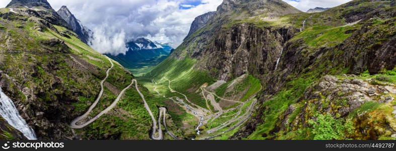 Panorama Troll's Path Trollstigen or Trollstigveien winding mountain road in Norway.