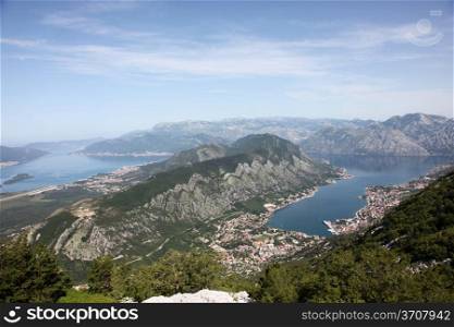 Panorama UNESCO World Heritage Site bay of Kotor with high mountains plunge into Adriatic sea and Historic town of Kotor, Montenegro