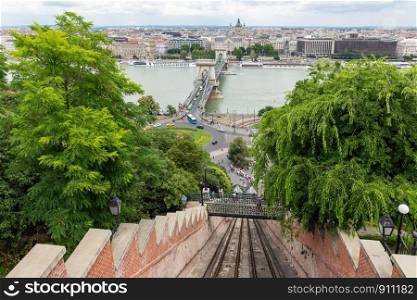 Panorama view form Buda Castle Hill at Funicular railroad track to top. Panorama view form Buda Castle Hill at Funicular railroad track