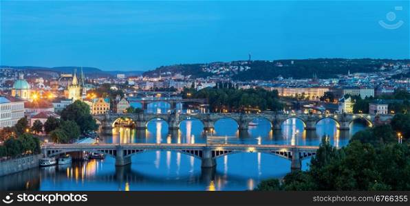 Panorama view of Bridges on Vltava, Prague at dusk