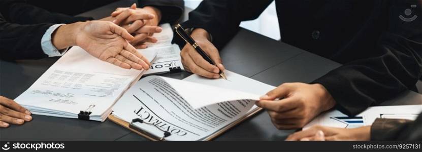 Panorama view of company executive sign business contract with business partner and legal adviser in corporate meeting table. Business people negotiating agreement in conference room concept. Prodigy. Company executive signs a business contract with business partners. Prodigy