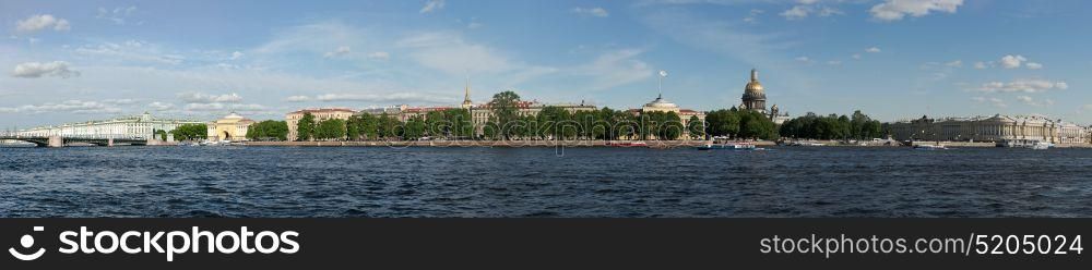 Panorama view of embankment on the Neva river in summer in Saint-Petersburg