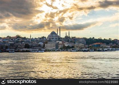 Panorama view of Galata Tower and Istanbul city skyline in Istanbul city, Turkey.