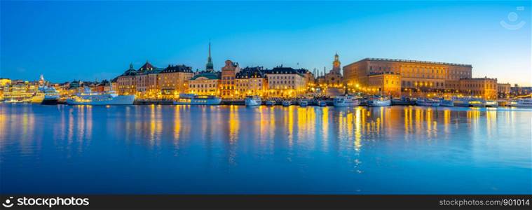 Panorama view of Gamla Stan at night in Stockholm city, Sweden.