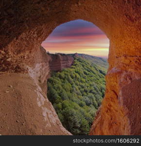 Panorama View of Las Medulas, antique gold mine in the province of Leon, Spain.