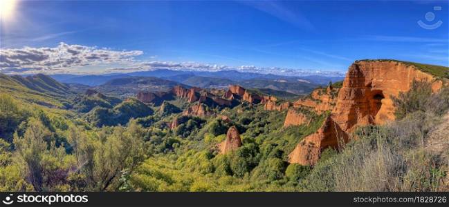 Panorama View of Las Medulas, antique gold mine in the province of Leon, Spain.