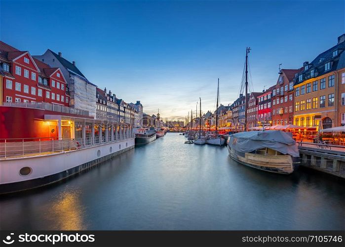 Panorama view of Nyhavn landmark in Copenhagen city, Denmark.