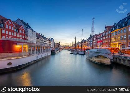 Panorama view of Nyhavn landmark in Copenhagen city, Denmark.