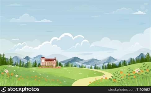 Panorama view of spring village with green meadow on hills with blue sky, Vector Summer or Spring landscape, Panoramic countryside landscape green field with grass flowers on mountains and farmhouse.