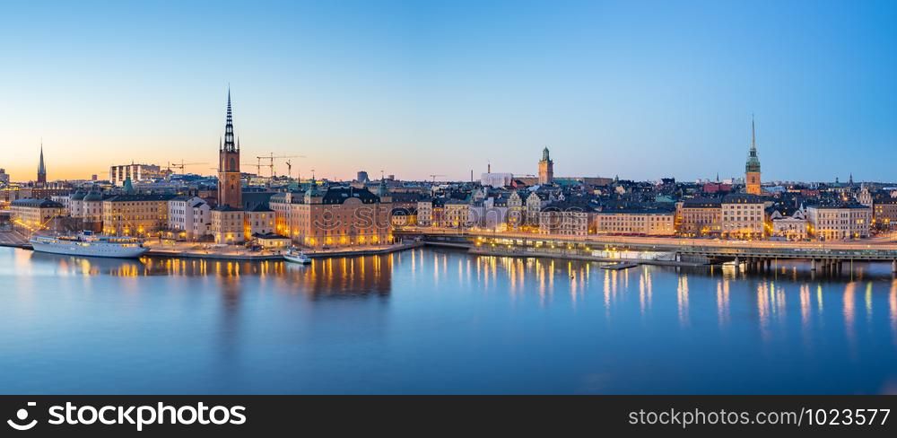 Panorama view of Stockholm Gamla Stan skyline at night in Stockholm city, Sweden.