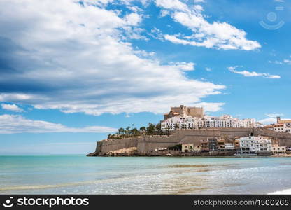 Panorama view of the fortified city of Peniscola (Peniscola) in the Costa del Azahar in Castellon, Valencian Community in Spain.