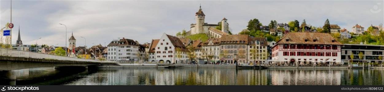 panorama view of the historic Swiss city of Schaffhausen with the bridge leading over the river Rhine into the old town