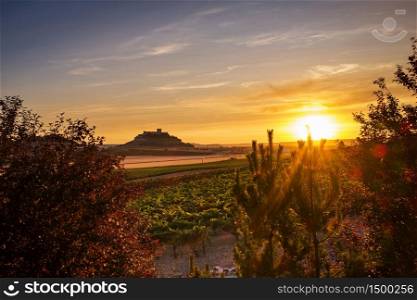 Panorama-view of vineyards and crop fields at dusk at the Ribera del Duero in Spain&rsquo;s Northern plateau, with the silhouette of the castle of Penafiel to be recognised in the background.