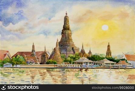 Panorama view. Wat Arun Temple at sunset in bangkok Thailand. Watercolor painting landscape colorful of architecture and river view. Hand drawn illustration great the best known of Thailand landmarks.