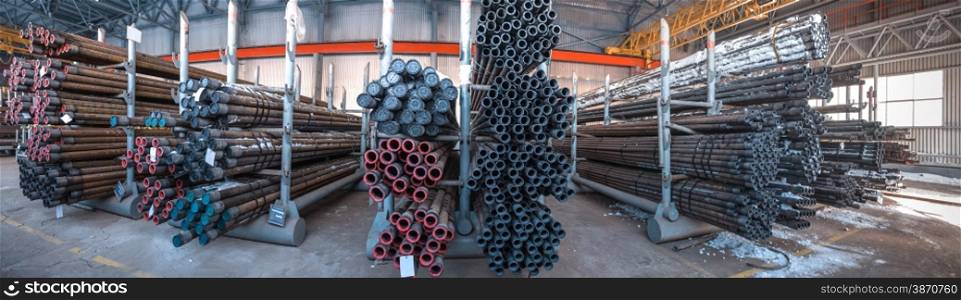 Panorama warehouse pipes. Oil and gas industry