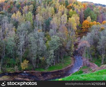 Panorama wild river landscape at a fall. Autumn forest, colored leaves