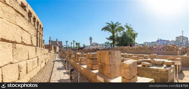 Panoramc view of ruines in the Luxor temple, Egypt. Stones of Luxor temple