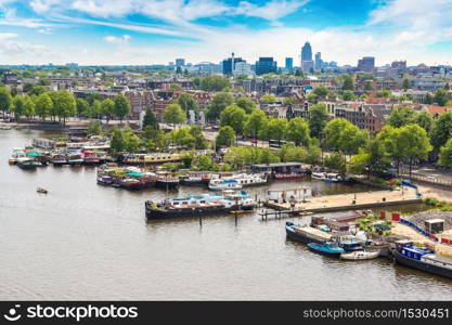 Panoramic aerial view of Amsterdam in a beautiful summer day, The Netherlands