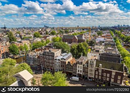 Panoramic aerial view of Amsterdam in a beautiful summer day, The Netherlands