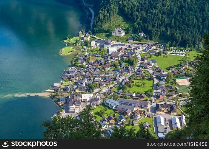 Panoramic aerial view of Famous Hallstatt mountain village, Salzkammergut, Austria in a beautiful summer day