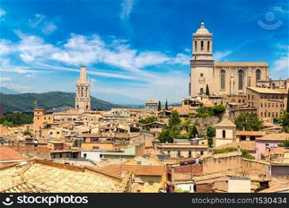 Panoramic aerial view of Girona and cathedral in a beautiful summer day, Catalonia, Spain