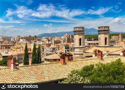 Panoramic aerial view of Girona, in a beautiful summer day, Catalonia, Spain