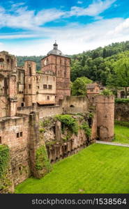 Panoramic aerial view of Heidelberg and ruins of Heidelberg Castle (Heidelberger Schloss) in a beautiful summer day, Germany