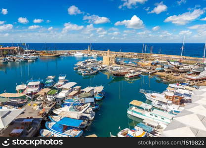 Panoramic aerial view of historic harbour in Kyrenia (Girne), North Cyprus in a beautiful summer day