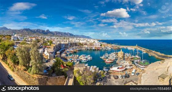Panoramic aerial view of historic harbour in Kyrenia (Girne), North Cyprus in a beautiful summer day