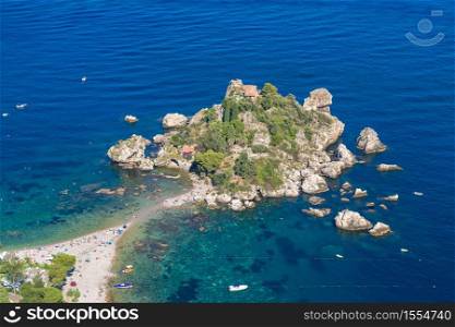 Panoramic aerial view of island Isola Bella in Taormina, Sicily, Italy in a beautiful summer day